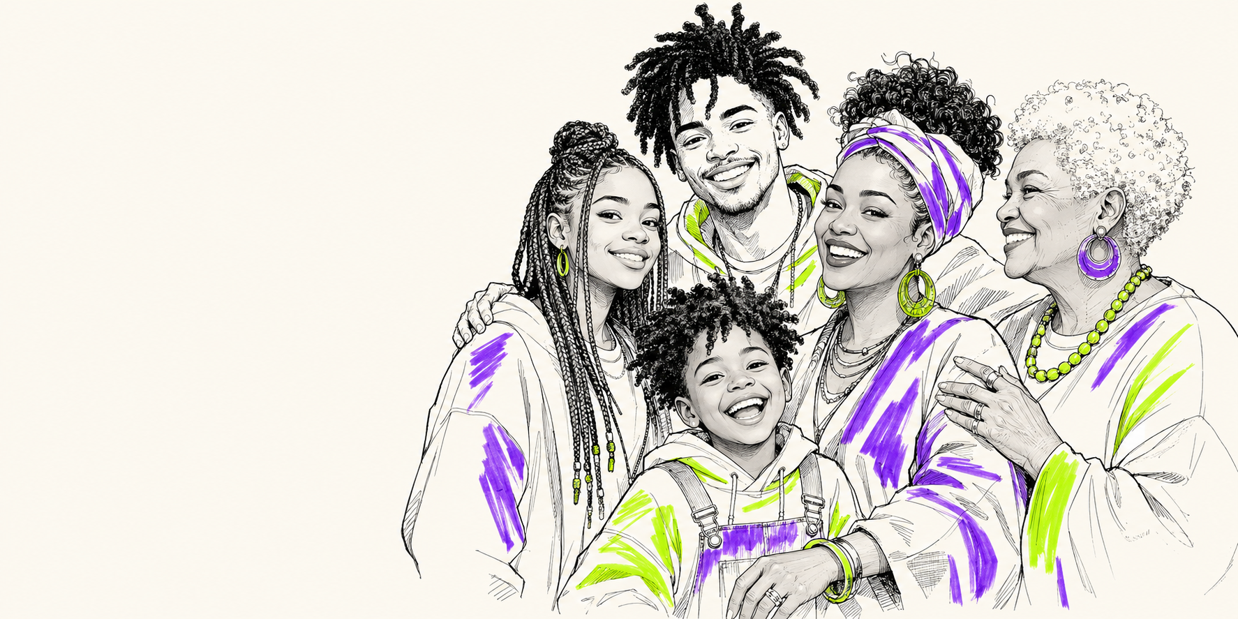 Illustrated portraits of a diverse community, drawn in bold line art